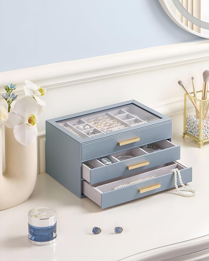 Lolalet Jewelry Box Organizer, 3-Layer Jewelry Organizers and Storage Case with Glass Lid, Ring Earring Bracelet Necklace Holder Organizer, Birthday Christmas Gifts for Women Girls -3Layer, HazeBlue