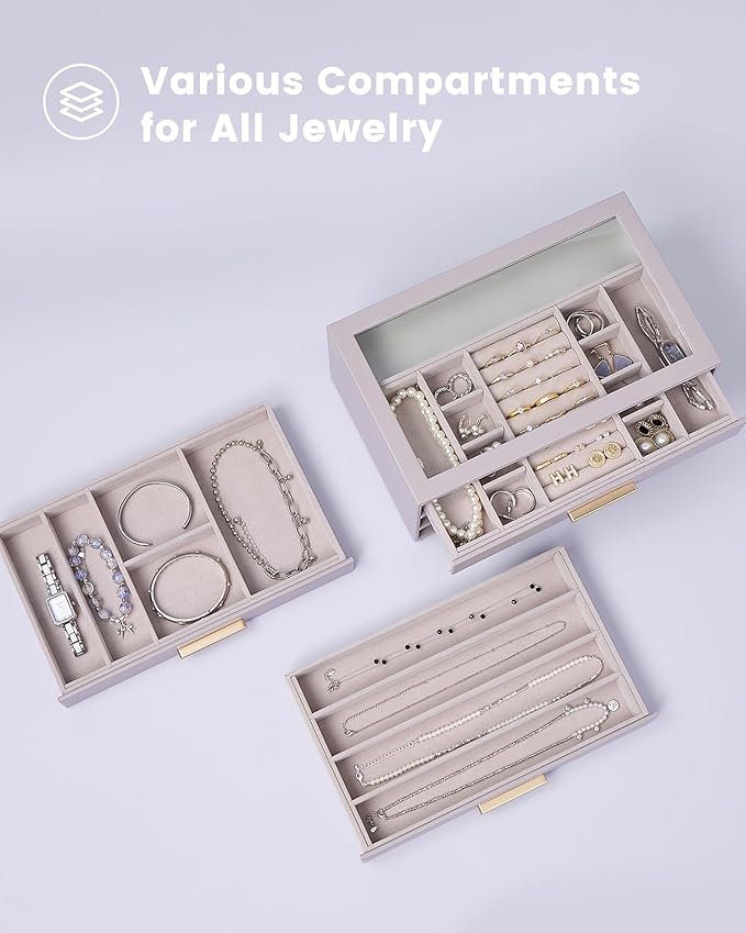 Lolalet Jewelry Box Organizer, 3-Layer Jewelry Organizers and Storage Case with Glass Lid, Ring Earring Bracelet Necklace Holder Organizer, Birthday Christmas Gifts for Women Girls -3Layer, HazePurple