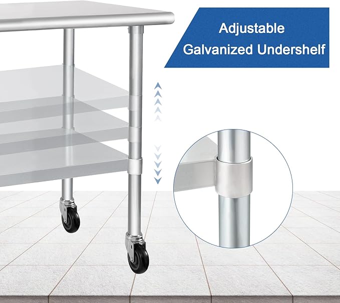 HARDURA Stainless Steel Table with Wheels 24 x 36 Inches Casters NSF Heavy Duty Commercial Work & Prep Table with Undershelf and Galvanized Legs for Restaurant Kitchen Bar and Hotel Garage