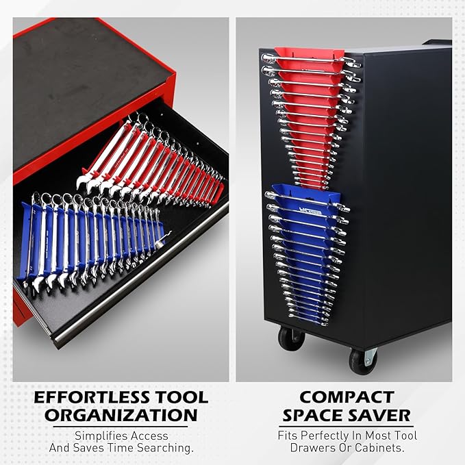 4-Pack Magnetic Wrench Organizer, 64-Slot Premium Wrench Rack Holder Tool Trays for Toolboxes Drawer Storage, SAE (1/4" - 1-1/16") & Metric (6mm - 24mm)