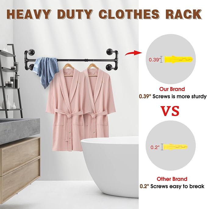 Wall Mounted Clothes Rack - 54" Industrial Pipe Clothing Garment Rack, Space-Saving Heavy Duty Detachable Black Iron Clothes Hanger Pole, Multi-Purpose Hanging Rod for Closet Storage, 4 Base