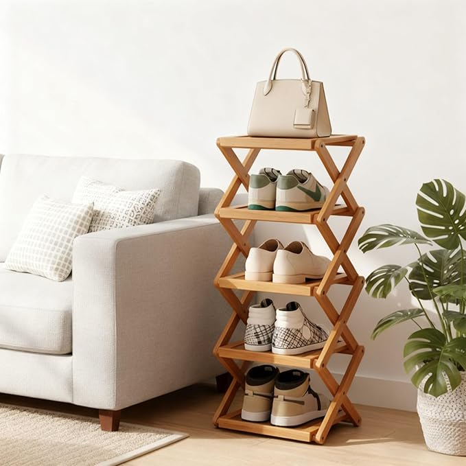 YYW Flat Bamboo Shoe Rack for Entryway, Installation-Free and Folding Vertical Small Shoe Rack, Saves Space Narrow Shoe Racks for Doorway Closet
