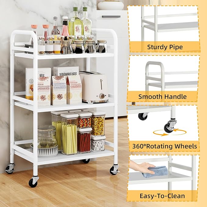 HDANI 3 Tier Rolling Cart Shelves,Heavy Duty Multifunctional Metal Frame-Supports 22 Lbs Per Tier,Rolling Cart with 2 Lockable Wheels for Home, Office,Kitchen,Bathroom,Bedroom,White