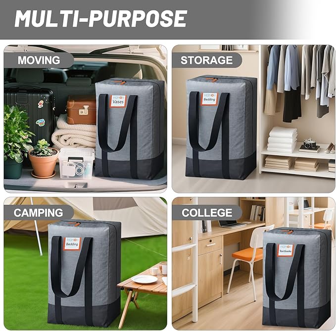 2 Pack Moving Bags, Heavy Duty Storage Bags with Zipper, Extra Large Packing Bags with Internal Compression Straps, Wrap Around Handles, Alternative to Moving Boxes, Grey and Black