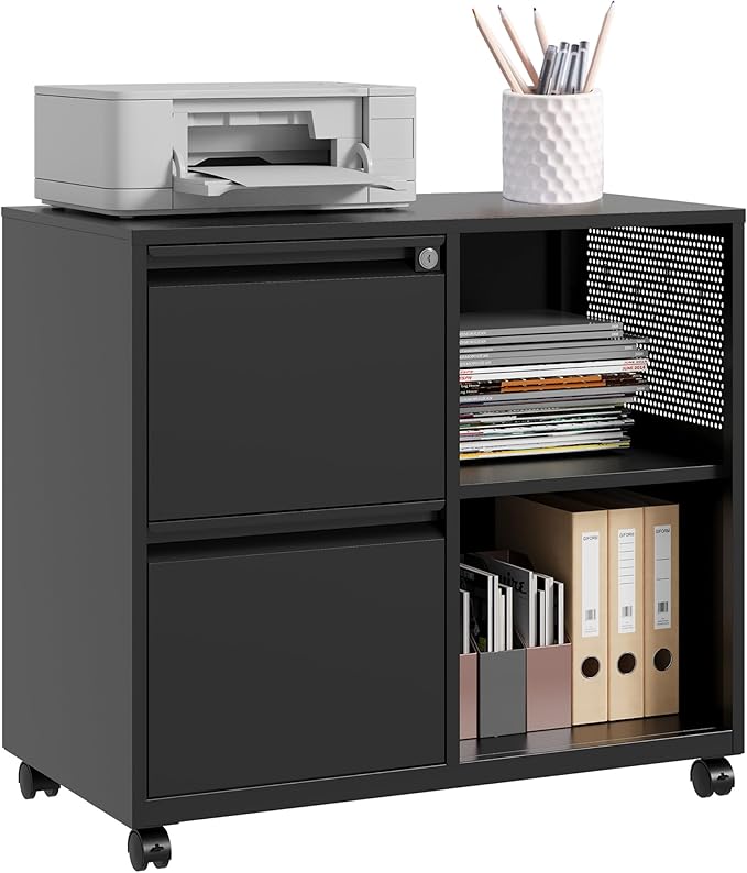 SISESOL 2 Drawer File Cabinet with Lock and Shelf,Mobile Lateral Filing Cabinet,Metal Filing Cabinets with Open Storage Shelves Organizer for Home Office Fit Legal/Letter A4 Size (Black)