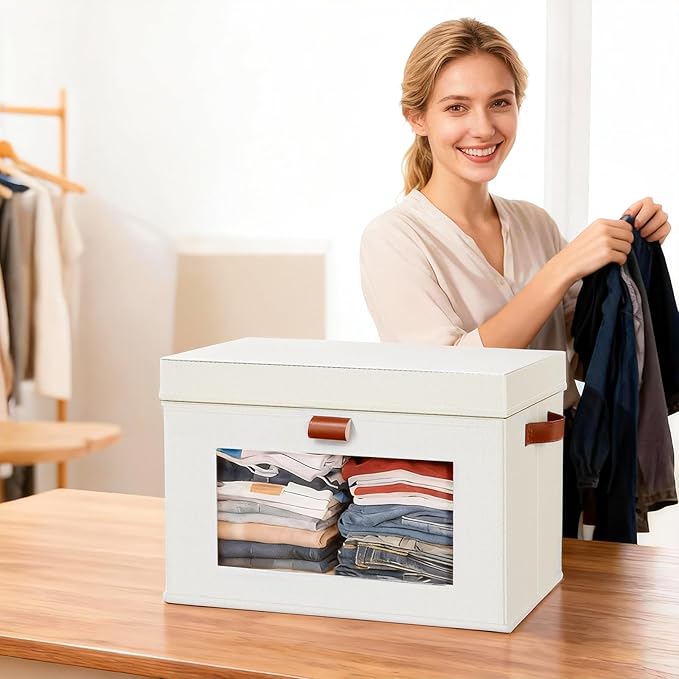 2-Pack Large Storage Bins with Lids,Stackable&Collapsible Closet Storage Bins,Oxford Fabric Organizer Box with Clear Window,Large Decorative Storage Boxes for Closet,Dorm16.5"x11.8"x11"