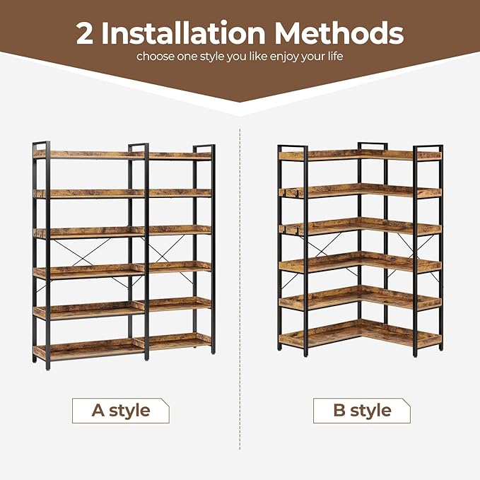 Rolanstar Bookshelf 6 Tier with 4 Hooks, Reversible Corner Bookshelf, 69" Industrial Wooden Bookcase with Open Shelves and Metal Frame for Living Room, Bedroom, Home Office, Rustic Brown