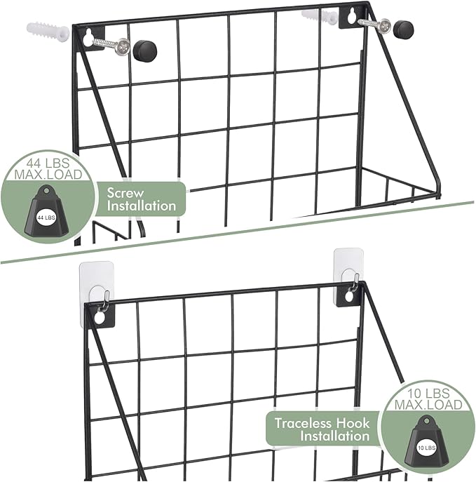 Mail Holder Magazine Basket - 1 Pack Black Wall Mount File Organizer Rack of Wooden Style with Adhesive Mounting - Metal Wire Hanging Sorter for Document Folders Newspaper Clipboard Brochure Display