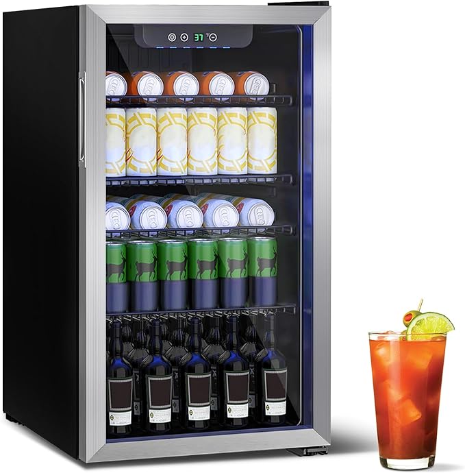 Beverage Refrigerator Cooler, 126 Can Mini Fridge Glass Door for Drinks Soda, Beer, or Wine - Small Refrigerator for Office Bedroom Home Bar, Adjustable Shelves, 3.2 Cu.Ft, Silver