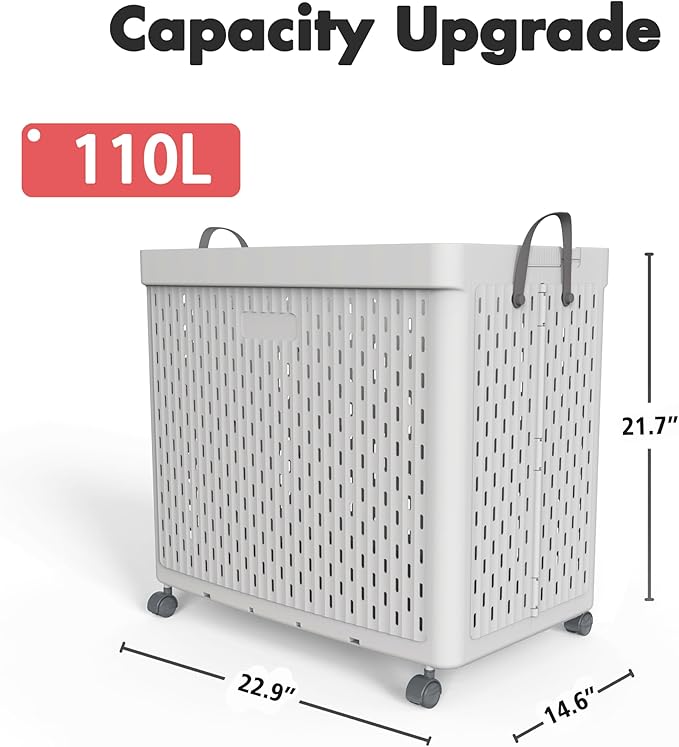 UAK Laundry Basket with Wheels, Collapsible Plastic Laundry Hamper with Handle, Foldable Laundry Basket Organizer for Laundry and Bathroom Light Grey, XXXXL (110L)