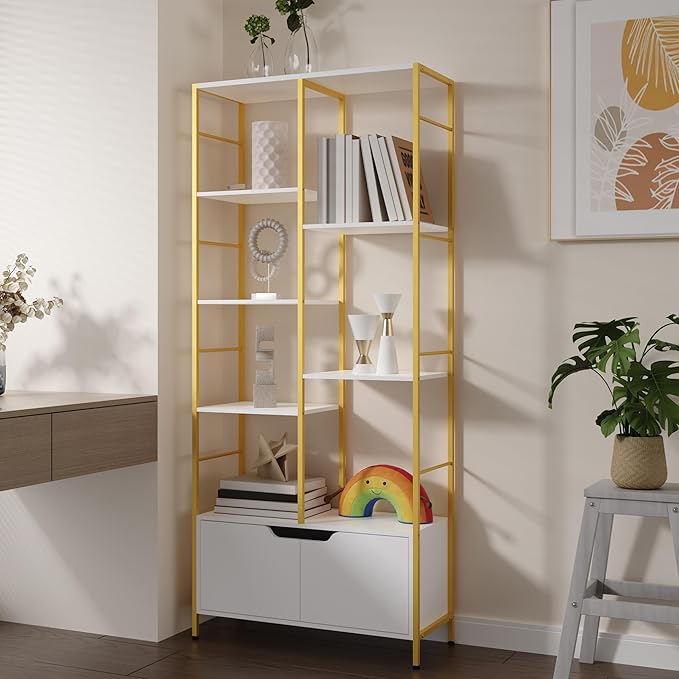 Bookshelf with Doors, 6-Tier Shelf with Storage Cabinet, 67" Tall Open Bookcase for Display, Industrial Retro Bookcase, Freestanding Storage Organizer Bookshelf for Living Room, White