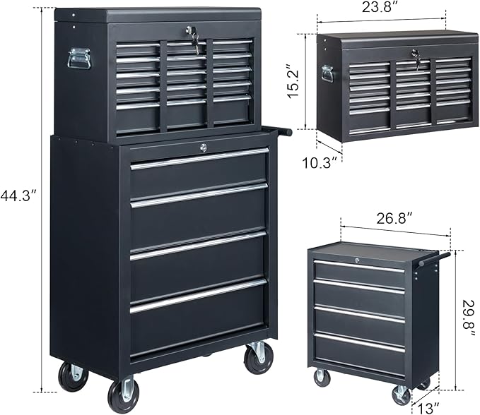 Metal Rolling Tool Box Organizer | Lockable Tool Chest with Wheels | Detachable Top Toolbox with 9 Sliding Drawers | Large Tool Storage Box Organizer for Garage Workshop & Tool Room