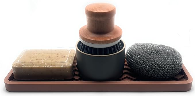 Happitasa Silicone Kitchen Sink Organizer Tray, Sponge Holder and Countertop Protector | Bathroom and Kitchen Soap Dish and Dispenser Tray (Mocha, 12" x 4", 9.2 Ounces, Zigzag)