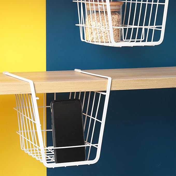 Fdit Metal Wire Rack Hanging Shelf, Under Cabinet Shelf Basket Organizer, Add On Storage Rack with Phone Holder for Kitchen, Pantry, Bathroom