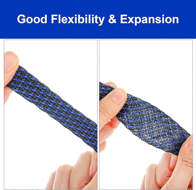 Xuniea 96ft Wire Loom Braided Cable Sleeve Covers Cord Management with 127 Pcs Tube Heat Shrinkable for Audio Video Cable Cord Protectors from Pets(1/4, 1/2, 3/4 Inch,Black and Blue)