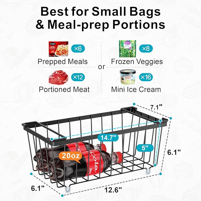 iSPECLE Deep Freezer Organizer Bins - 6 Pack Stackable Freezer Organizer Bins for 7 Cu.FT Chest Freezer Sort Food, Easy to Get Food from Bottom, Better Ventilation, Black