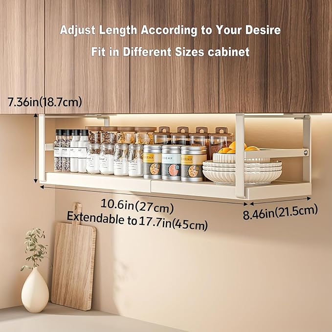 Hanging Under Shelf Storage Basket, Adjustable Width Under Cabinet Add-on Storage Racks, Heavy Duty Slide-in Baskets Organizer for Cabinet Pantry Kitchen, 1 Pack, 8.46"D x 10.6"W x 7.36"H