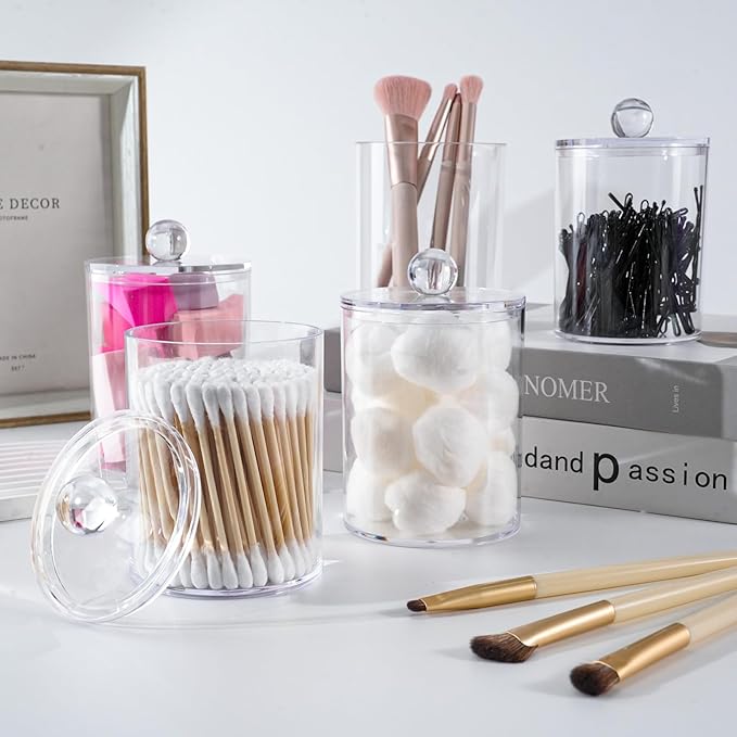 2 Pack Qtip Holder,Canister Apothecary Jar Set, Bathroom Jars with Lids Set for Cotton Swabs, Balls, Pads, Floss Picks,10oz-12oz Plastic Canisters Restroom Bedroom Vanity Organizer(Clear)