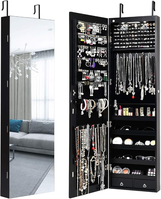 HAPPYGRILL Over the Door Jewelry Organizer, Hanging Jewelry Storage Cabinet w/Full-Length, Inner Makeup Mirror, Earring Shelves, Ring Slots, 25 Necklace Hooks, Wall Mounted Jewelry Armoire for Women