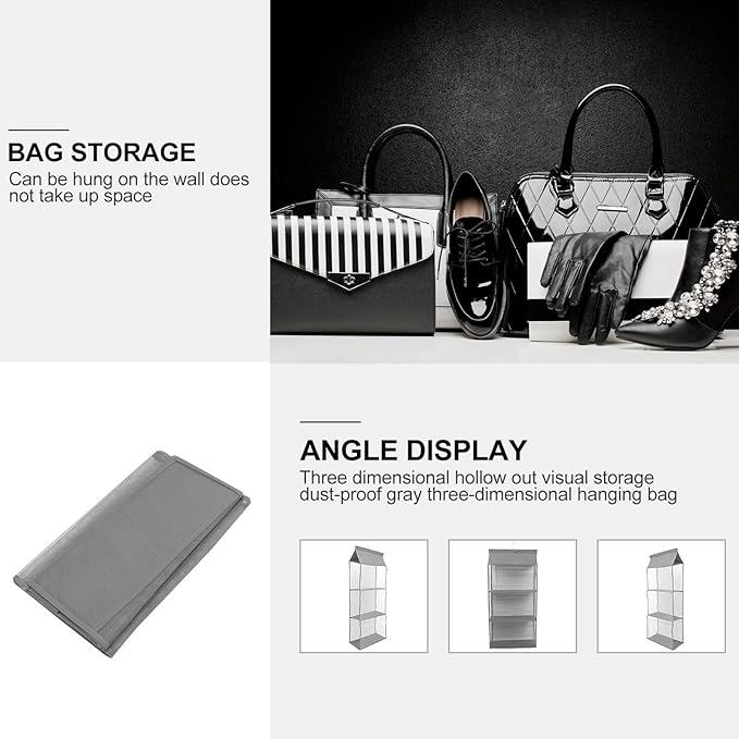 Gray Hanging Organizer Bag Dustproof Storage Hanging Container with Multiple Compartments for Handbags Shoes Sweaters Space-Saving Vertical Storage