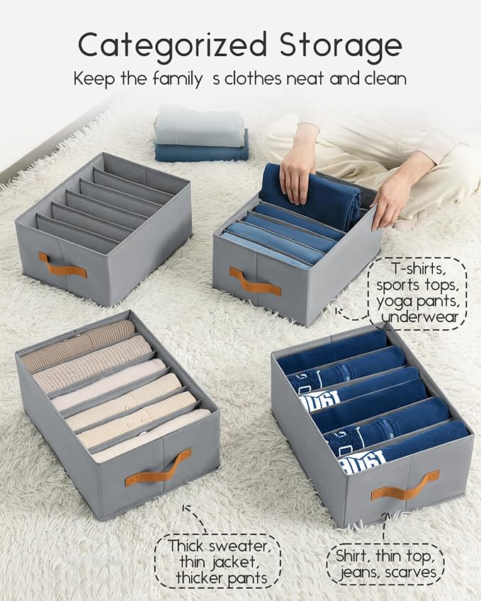 Closet Organizers and Storage - Fabric Clothes Organizer with Handles, Foldable Jeans Organizer for Clothes, Drawer Organizer for Shirts, Bra, Sweater, Scarf, 8 Pack, Grey