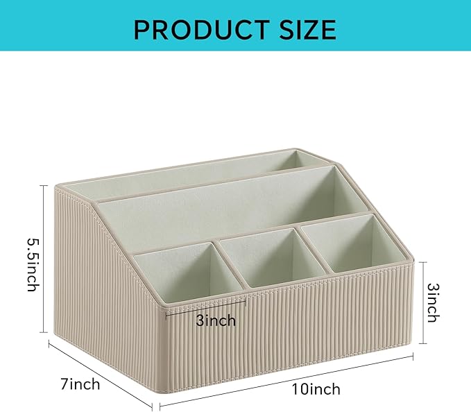 Remote Control Holder with 5 Compartments for Office Art Supplies, PU Leather Nightstand Organizer Pencil Pen Desk Caddy for Home, Desktop TV Remote Control Organizer Storage (Striped Beige)