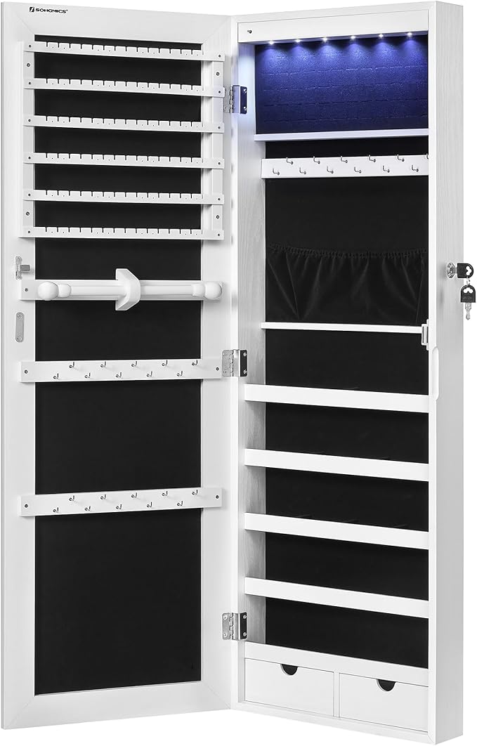 SONGMICS Hanging Jewelry Cabinet, Wall-Mounted Cabinet with LED Interior Lights, Door-Mounted Jewelry Organizer, Full-Length Mirror, Christmas Gift Idea, White UJJC99WT