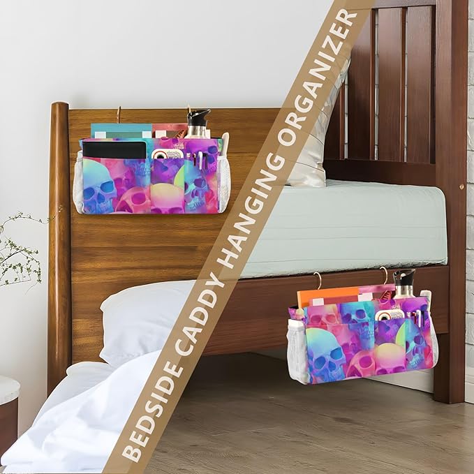 Gradient Multicolored Skulls Bedside Caddy for Dorm Bed Bedside Hanging Caddy Bag Iron Frame Storage Organizer Pocket for Bunk Home College Hospital Beds 2 Hooks