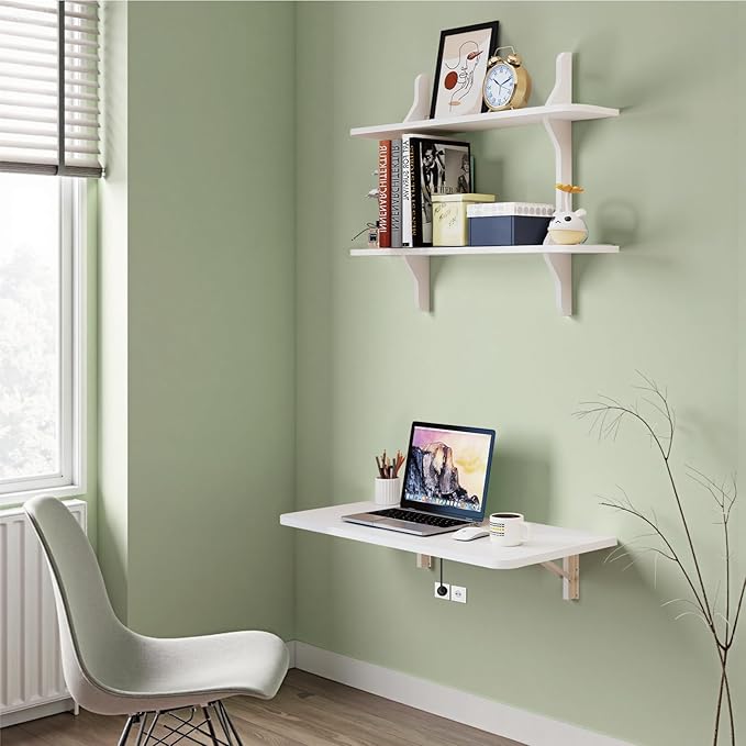 Pmnianhua Wall Mounted Folding Table, 31'' Floating Laptop Desk with Shelves, Foldable Drop Leaf Table, Wall Mount Fold Down Table for Laundry Room Kitchen Bar Home Office Small Space(White)