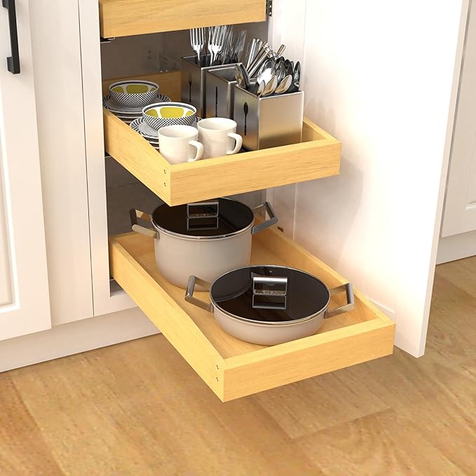 Wooden Pull out Cabinet Organizer 12" W x 21" D x 4.3" H, Heavy Duty Slide Out Drawers Pull-Out Home Organizers for Kitchen Cabinets