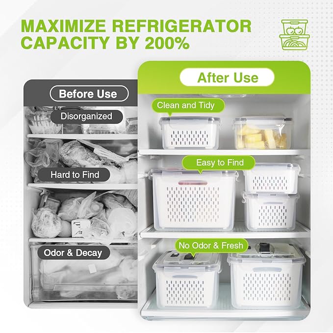 LUXEAR Larger 5PCS Fruit Storage Containers For Fridge, Produce Vegetable Saver Container with Lid Colander Vent Handle, BPA-Free Refrigerator Microwave Dishwasher Safe, Keep Fruits Veggie Food Fresh