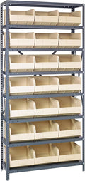 Quantum 1875-465IV Heavy Duty Shelving Unit with (8) Shelves and (21) SSB465 Ivory Bins for Industrial Warehouse Storage Distribution | 400 lbs Capacity | 18"D x 36"L x 75"H, Galvanized Carbon Steel