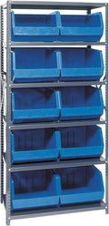 Quantum Storage Systems QSBU-270BL Giant Open Hopper Steel Shelving System, 18" D x 36" W x 75" H, with 6 Shelves and 10 QUS270 Bins, Blue