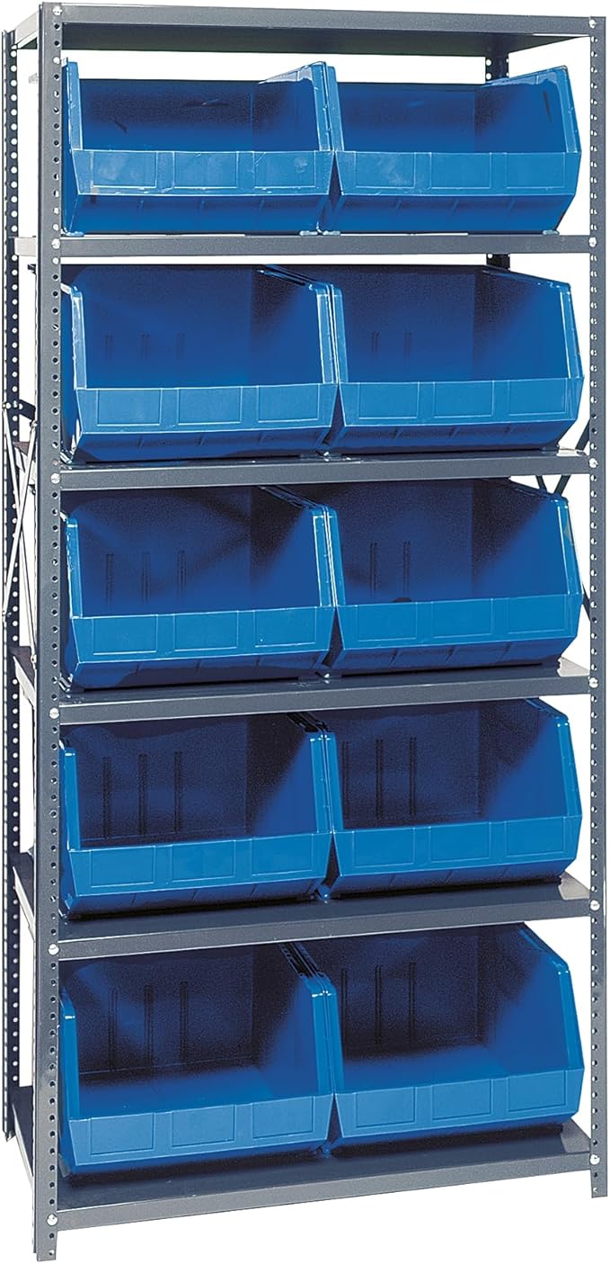 Quantum Storage Systems QSBU-270BL Giant Open Hopper Steel Shelving System, 18" D x 36" W x 75" H, with 6 Shelves and 10 QUS270 Bins, Blue