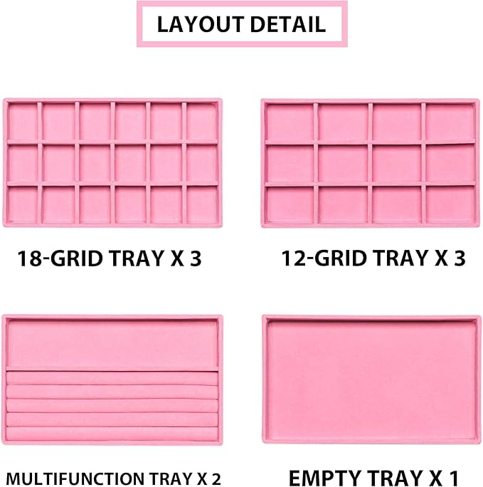 Frebeauty Jewelry Organizer Tray,Stackable Velvet Jewelry Trays,Drawer Inserts Earring Organizer For Women Jewelry Storage Display Case for Rings Stud Necklaces,8.3 x 4.9 x 1 Inches (Pink)