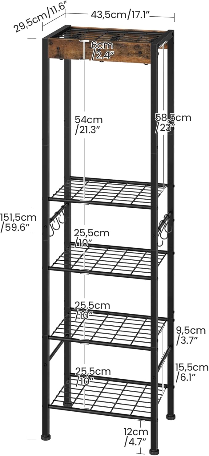 5-Tier Pot Rack, Floorstanding Pots and Pans Organizer, Kitchen Bakers Rack, Kitchen Island Table, Pots and Pans Organizer, Storage Stand, for Living Room, Rustic Brown and Black TPR16BF