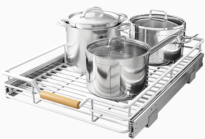 Pull out Cabinet Organizer, 15"W X 21"D, Heavy Duty Smooth Sliding Under Cabinet Shelves for Pots and Pans, Full-Extension Roll out Drawers, Slide out Organization for Home Kitchen Pantry, White