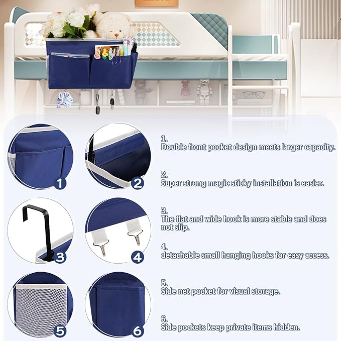 Bedside Storage Organizer 5 Pockets with 4 Hooks Hanging Storage Bag for Headboards/Bunk Bed (Dark Blue)