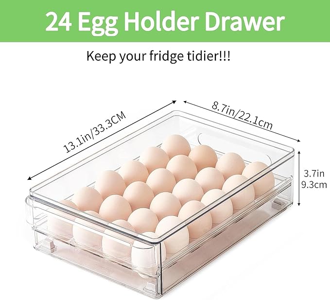 vacane 24 Capacity Egg Holder for Refrigerator Organizer Bins, Clear Egg Storage Container for Fridge Egg Drawer Egg Tray with Non-Slip Pads, Bpa Free Egg Organizer-2 Pack