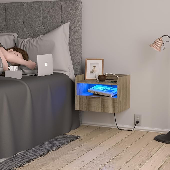 White Floating Nightstand with Charging Station and LED Lights (Grey)