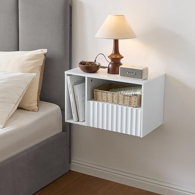 Modern Matte White Fluted Floating Nightstand with Charging Station, NightStand with Drawers, Bedside with USB Ports and Outlets, Bedroom Furniture(Left)