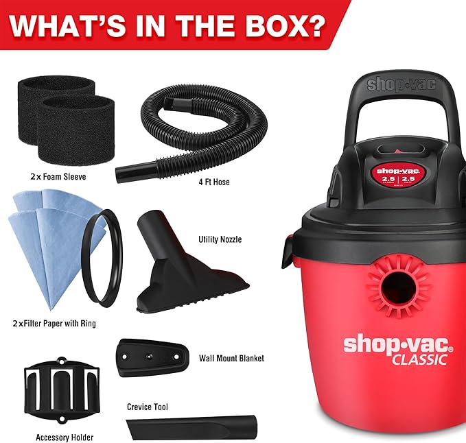 Shop-Vac 2.5 Gallon 2.5 Peak HP Wet/Dry Vacuum, Portable Compact Shop Vacuum with Collapsible Handle Wall Bracket & Multifunctional Attachments for Home, Jobsite. 2036000