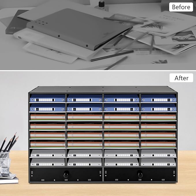 Literature Organizer 32 Slots Office Mailbox Cubbies PVC Desk Mail Sorter Organizer with Adjustable Panels & 2 Drawers for Office, Home, Classroom, Mailrooms, Bearing 110lbs (Black)