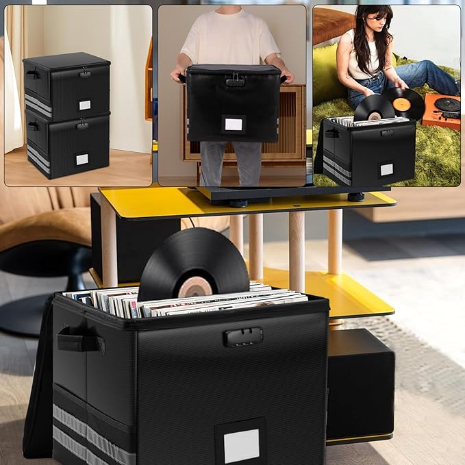 1/4 Pcs Vinyl Record Storage Box with Lid and Handles, Oxford Cloth Record Album Storage Crate, Foldable and Stackable Record Organizer Storage Case for Collecting Valuable Album (1/with Lock)