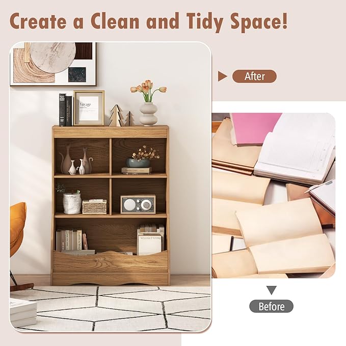 Storage Organizer, Small Bookcase w/ 4 Open Cubes & 1 Bottom Compartment, Anti-Tipping Device, Foot Pads, Low Cube Bookshelf for Bedroom, Living Room, Playroom, Study, Small Spaces (Natural)