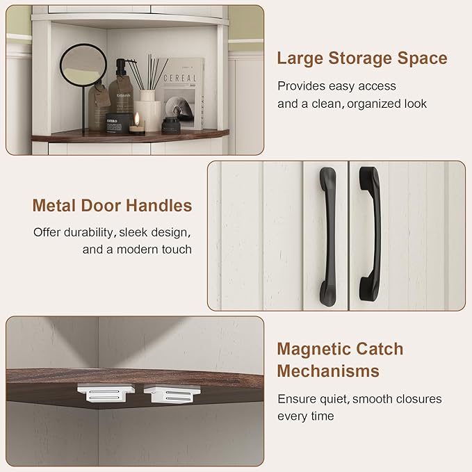 Tall Corner Cabinet, 64.7" Corner Storage Cabinet with 4 Doors and 5 Storage Shelves, Farmhouse Space Saver with Arched Door Design for Living Room, Kitchen, Bathroom, Office