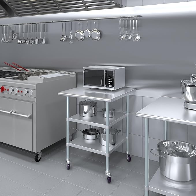 AmGood Stainless Steel Work Table with 2 Shelves and Casters | Metal Utility Table On Wheels (Stainless Steel Work Table with 2 Shelves + Casters, 30" Long x 30" Deep)