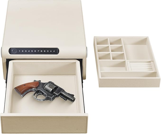 Jewelry Safe with Drawers，Biometric Fingerprint safe, Slide-Away Handgun Safe for Pistols, Leather Wrapped Jewelry Storage Safe, Digital Keypad & Quick-Access Drawer (White- 1 Drawer)