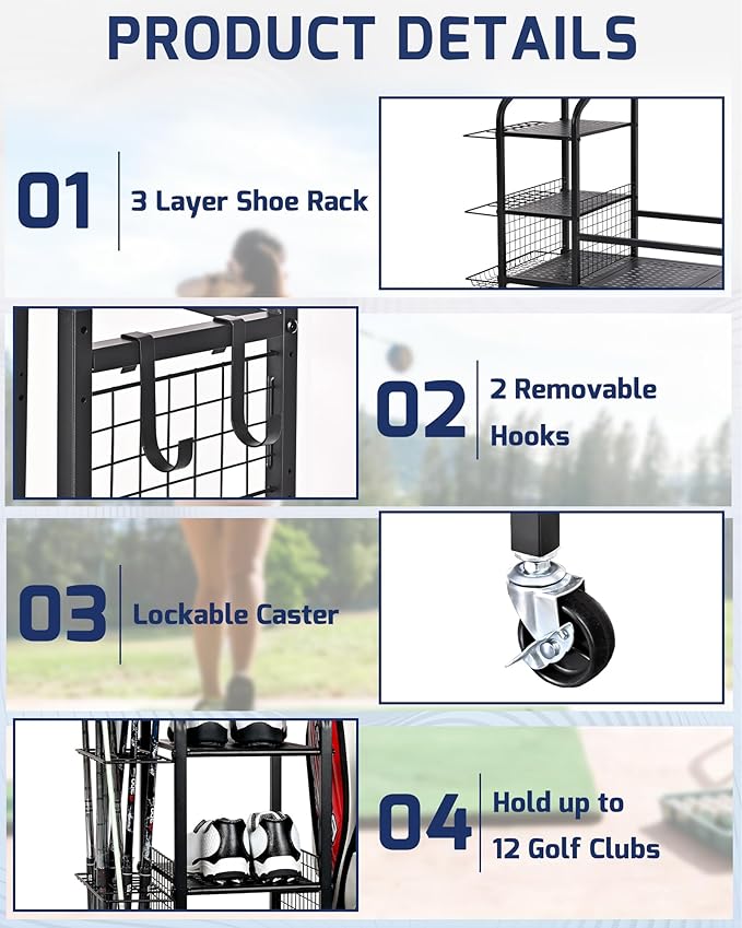Golf Storage Rack, Garage Golf Organizer for 3 Golf Bags, Clubs, Balls, Shoes & Accessories, Garage Home Heavy Duty Golf Equipment Storage