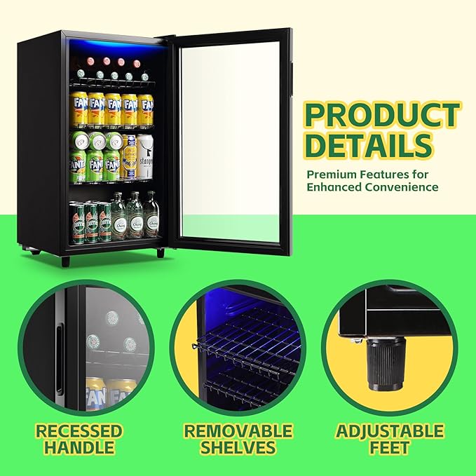 WANAI Beverage Refrigerator Cooler 3.5 Cu.Ft, 120 Can Mini Small Fridge with Glass Door LED Light and Adjustable Shelves for Soda Beer or Wine, Perfect for Home Bar Office, Black